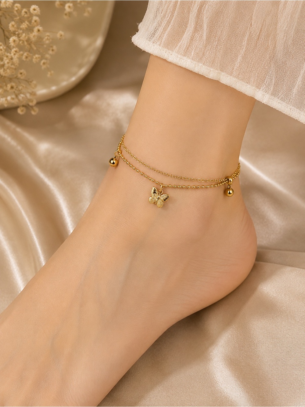 #177  18K Golden Butterfly 3D Spherical Stainless Steel Double Layer Anklet